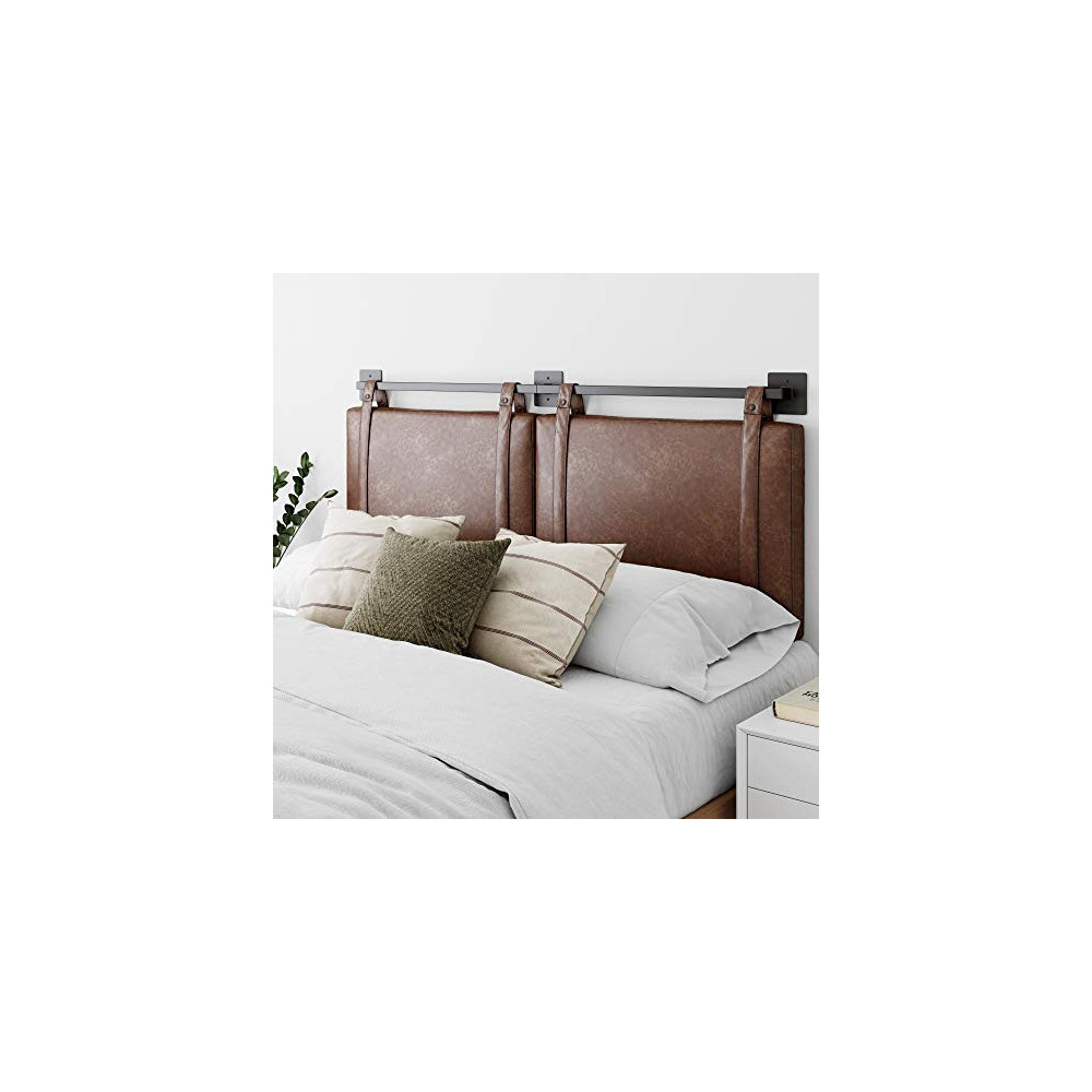 Nathan James Harlow Wall Mount Faux Leather or Fabric Upholstered Headboard, Adjustable Height Vintage Brown Straps with Blac