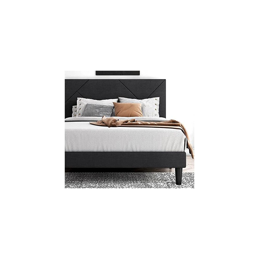 IMUsee Full Size Bed Frame with Geometric Headboard, Linen Upholstered Platform Bed with Under-Bed Storage Space, Mattress Fo