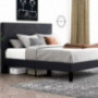 IMUsee Full Size Bed Frame with Geometric Headboard, Linen Upholstered Platform Bed with Under-Bed Storage Space, Mattress Fo