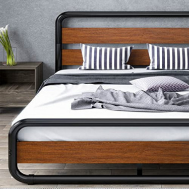 SHA CERLIN Queen Size Bed Frame with Wooden Headboard ,Footboard, Heavy Duty Oval-Shaped Platform Bed with Under-Bed Storage,