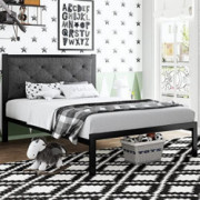 SHA CERLIN Twin Metal Platform Bed Frame with Fabric Upholstered Button Tufted Headboard, Mattress Foundation with 17 Strong 