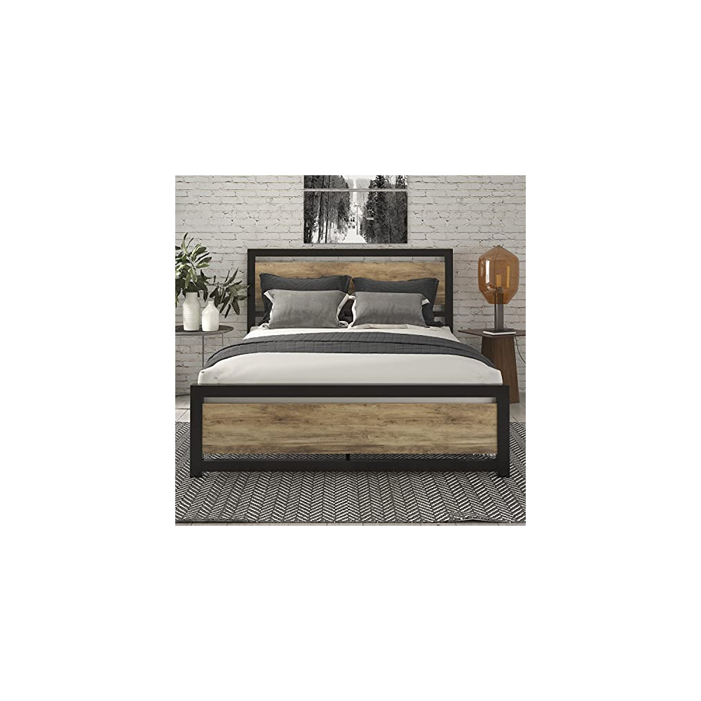 SHA CERLIN Queen Bed Frame with Modern Wooden Headboard / Heavy Duty Platform Metal Bed Frame with Square Frame Footboard & 1