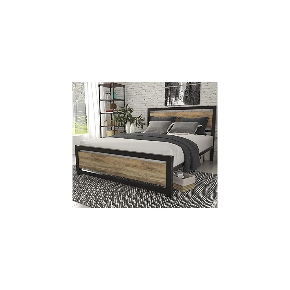 SHA CERLIN Queen Bed Frame with Modern Wooden Headboard / Heavy