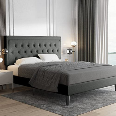 Allewie Full Size Button Tufted Platform Bed Frame / Fabric Upholstered Bed Frame with Adjustable Headboard / Wood Slat Suppo