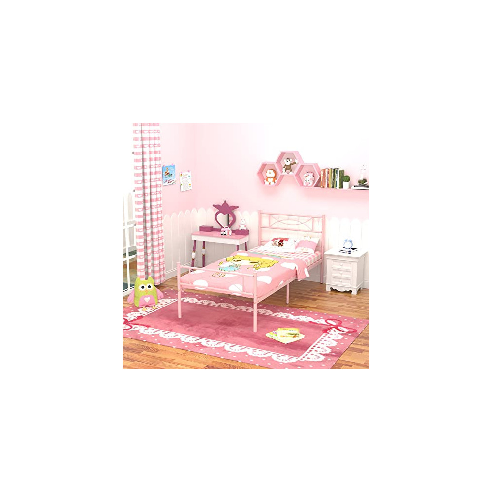 Pink Twin Bed Frame for Girls,Bed Mattress Foundation Support