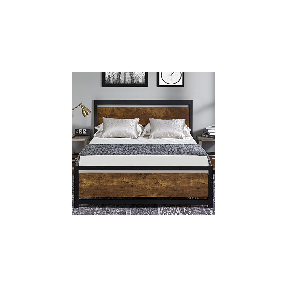 Amerlife Queen Size Bed Frame with Wood Headboard - Metal Platform Bed with Industrial Footboard - Heavy Duty Steel Mattress 