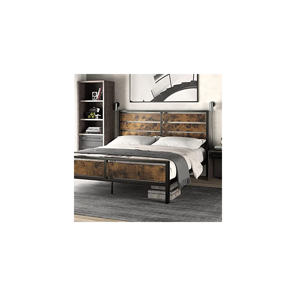 SHA CERLIN Industrial Queen Size Bed Frame with Wood Headboard and Footboard, Heavy Duty Platform Bed with Metal Slat Support