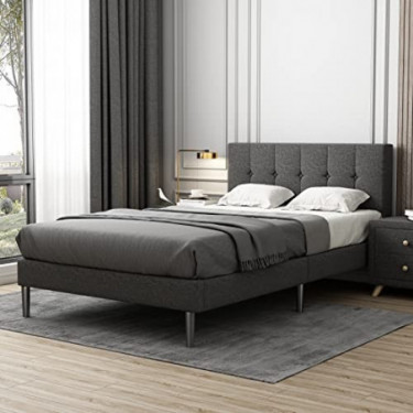 Full Size Fabric Upholstered Platform Bed Frame, Modern Upholstered Platform Bed with Headboard, Heavy Duty Bed Frame with Wo