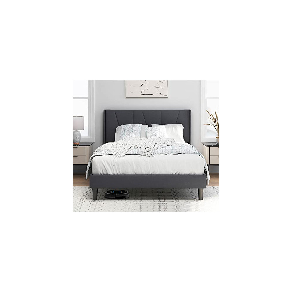 SHA CERLIN Full Bed Frame, Upholstered Platform Bed with Geometric Headboard and Wingback, Wood Slat Support, No Box Spring N