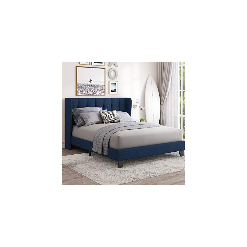 Einfach Queen Upholstered Wingback Platform Bed Frame with Headboard/Mattress Foundation with Wood Slat Support and Square St
