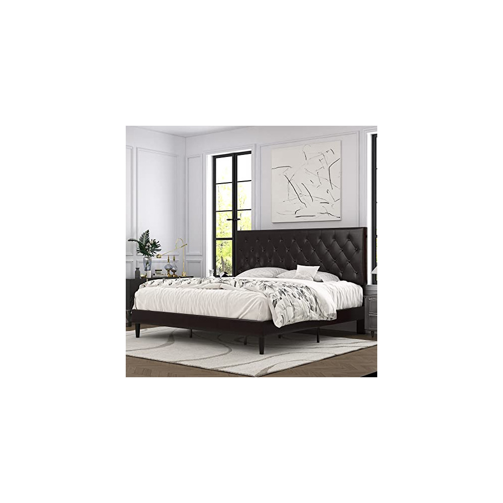 Allewie King Bed Frame with Adjustable Diamond Stitched Button Tufted Headboard/Faux Leather Upholstered Platform Bed with Ea
