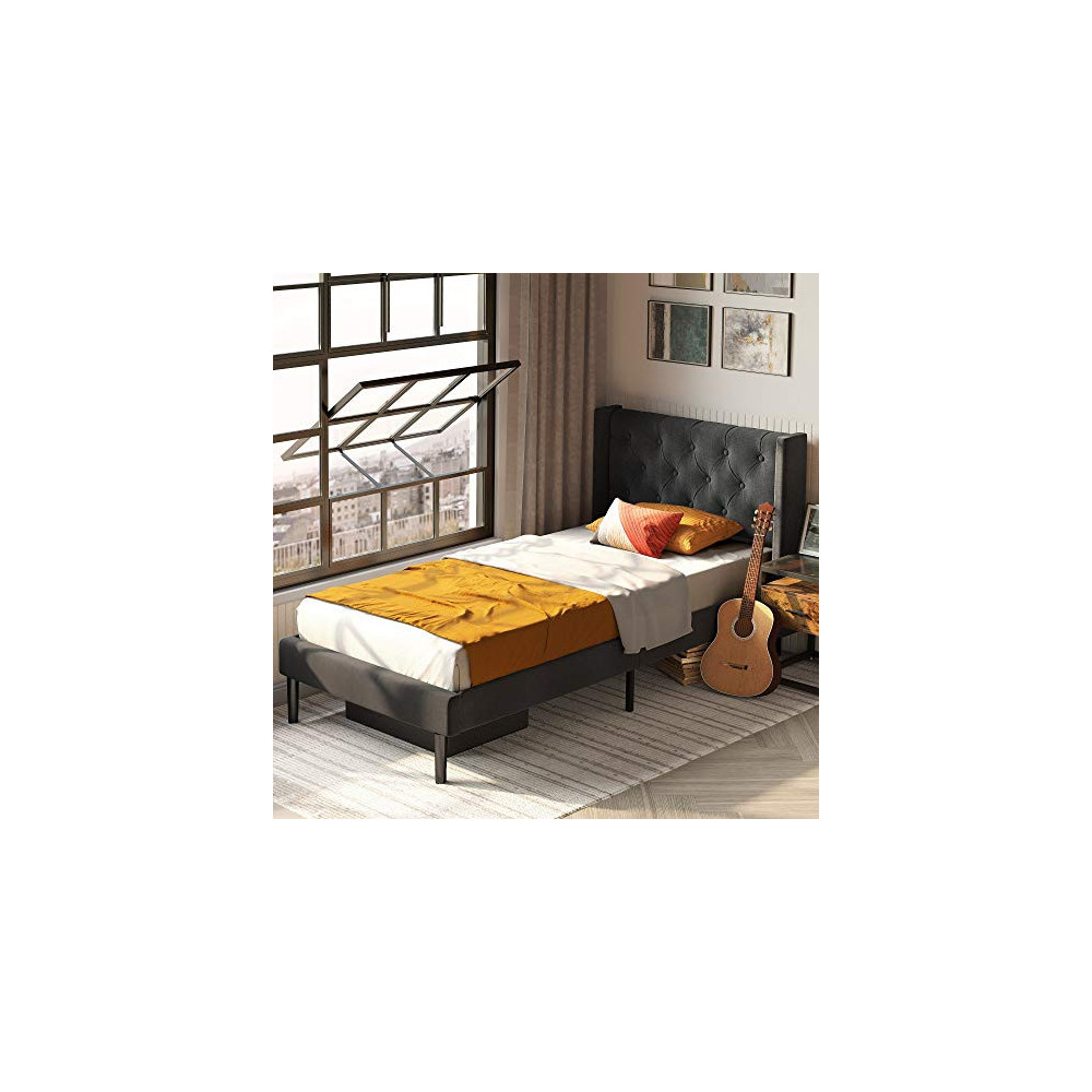 LIKIMIO Twin Size Bed Frame, Modern Platform Bed Frame Twin with Upholstered Headboard and Strong Wooden Slats/Mattress Found
