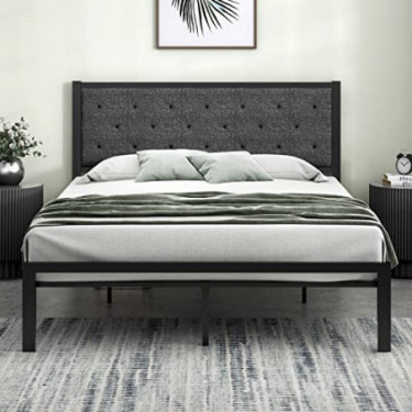 EINFACH Full Size Metal Bed Frame with Fabric Upholstered Button Tufted Headboard, Mattress Foundation with Strong Steel Slat
