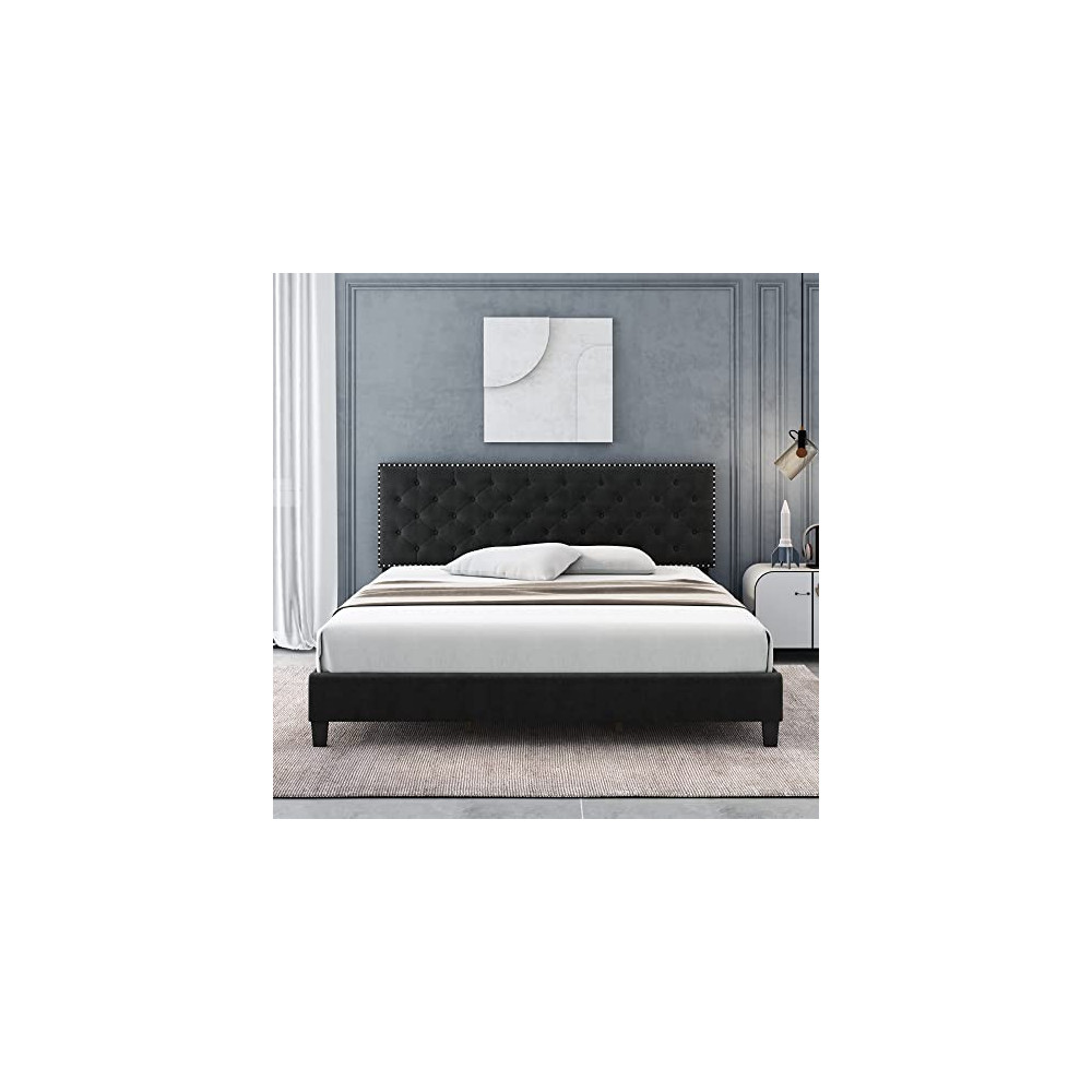 HOSTACK King Size Bed Frame, Modern Upholstered Platform Bed with Adjustable Headboard, Heavy Duty Button Tufted Bed Frame wi