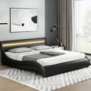 Modern Upholstered Platform Bed Frame with LED Lights Headboard, Faux Leather Wave-Like Platform Bed Frame,Strong Wood Slats 