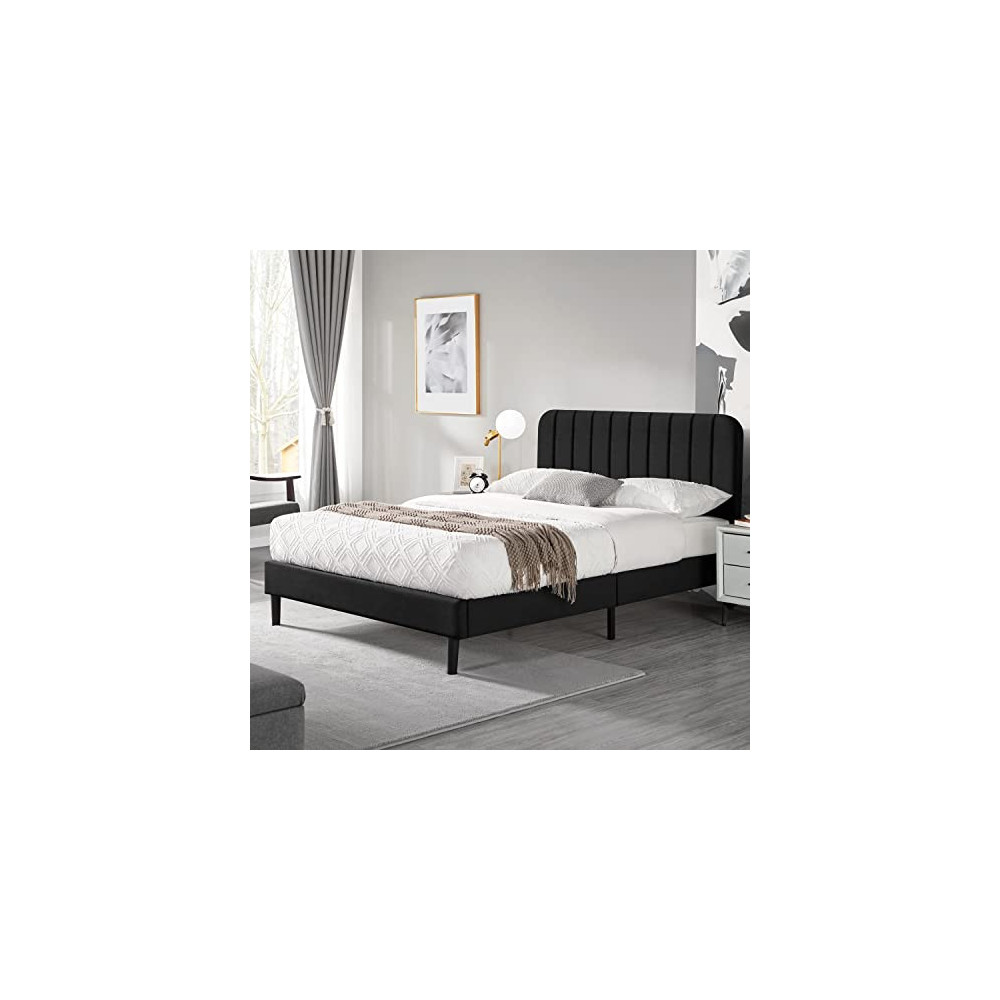 Yaheetech Queen Velvet Upholstered Platform Bed Frame, Mattress Foundation with Channel Tufted Headboard and Wood Slat Suppor
