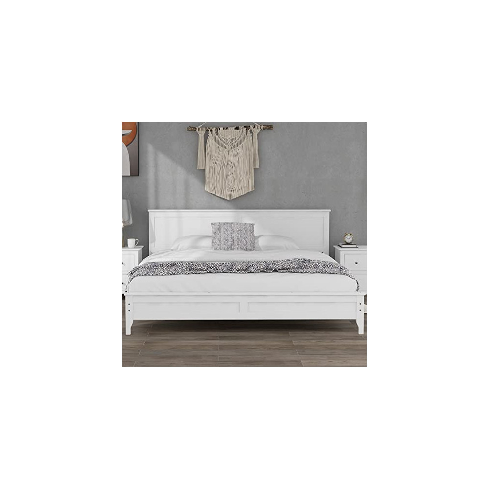 GUMINGHOME Solid Wood King Platform Bed with Headboard, Modern White Platform Bed Frame Mattress Foundation with Wood Slat Su