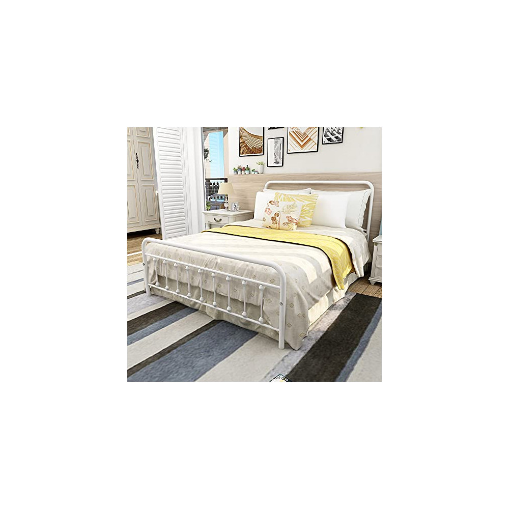 Metal Bed Frame Vintage Sturdy with Headboard and Footboard Mattress Foundation No Box Spring Needed  White, Queen 