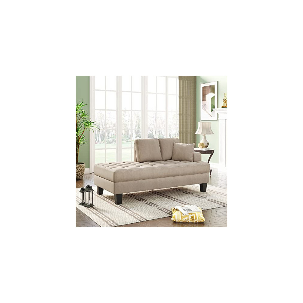 Chaise Lounge Indoor Small Couch, Tufted Upholstered Chaise Lounge Chair with Toss Pillow and Solid Wood Legs, Mini Sleeper S