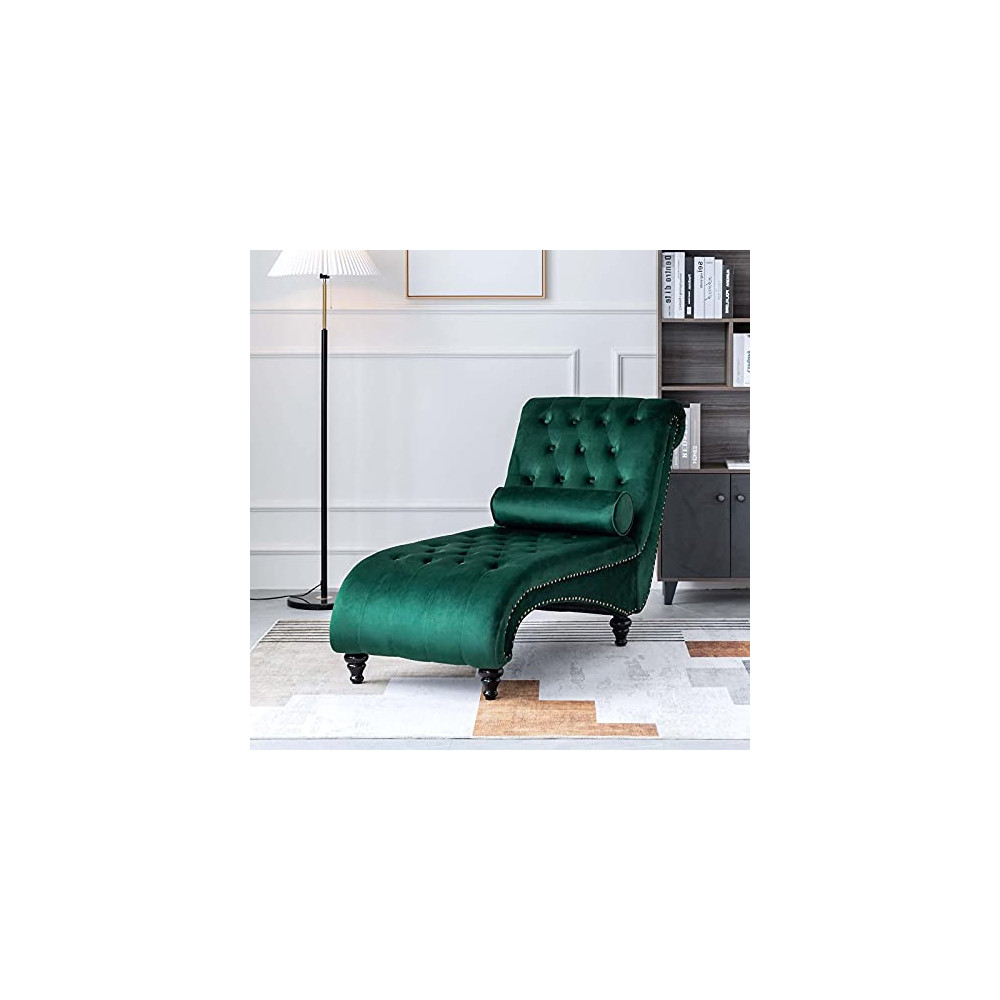 OKAKOPA Chaise Lounge Chair for Bedroom, Modern Glam Tufted Velvet Chaise Lounge with Scrolled Backrest, Indoor Chaise Lounge