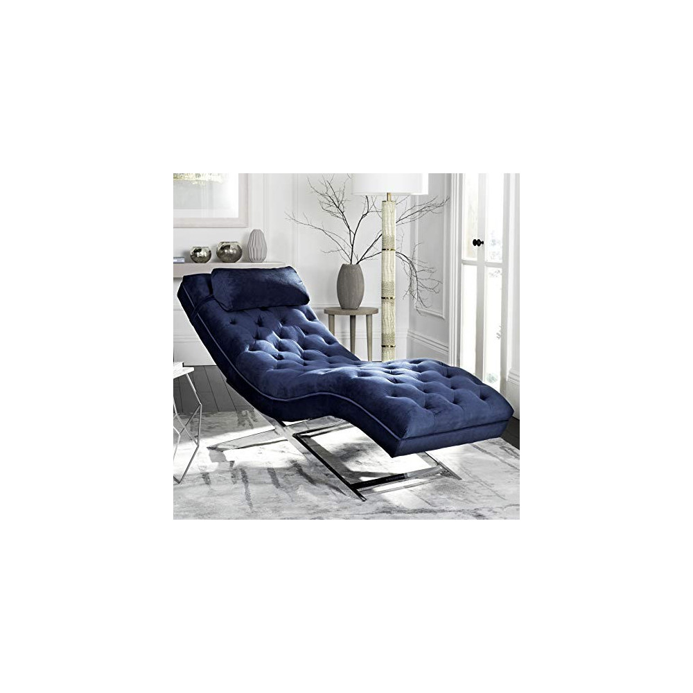 Safavieh Home Collection Monroe Navy Velvet and Chrome Chaise with Headrest Pillow