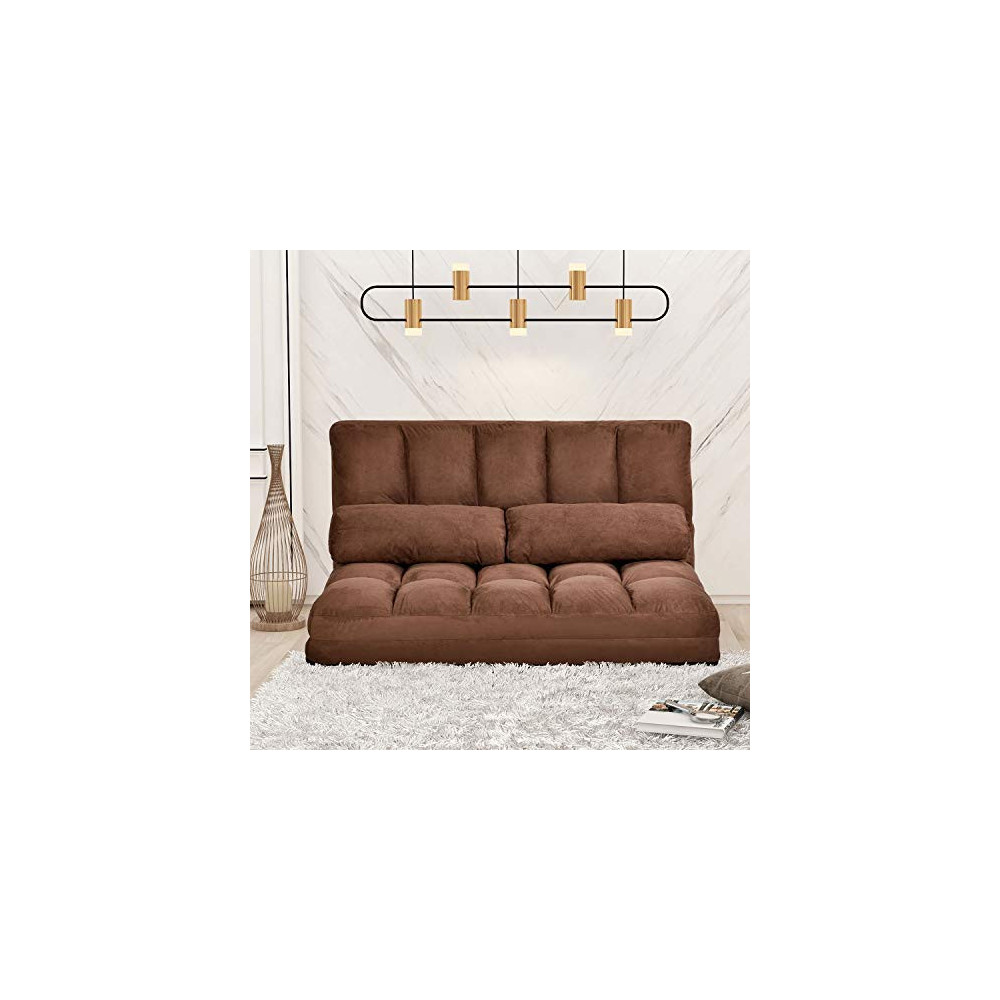 Double Chaise Lounge Sofa Chair Floor Couch with Two Pillows  Brown 