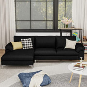 Velvet Fabric Sleeper Sectional Sofa L Shape with Extra Wide Chaise Lounge  Black A 