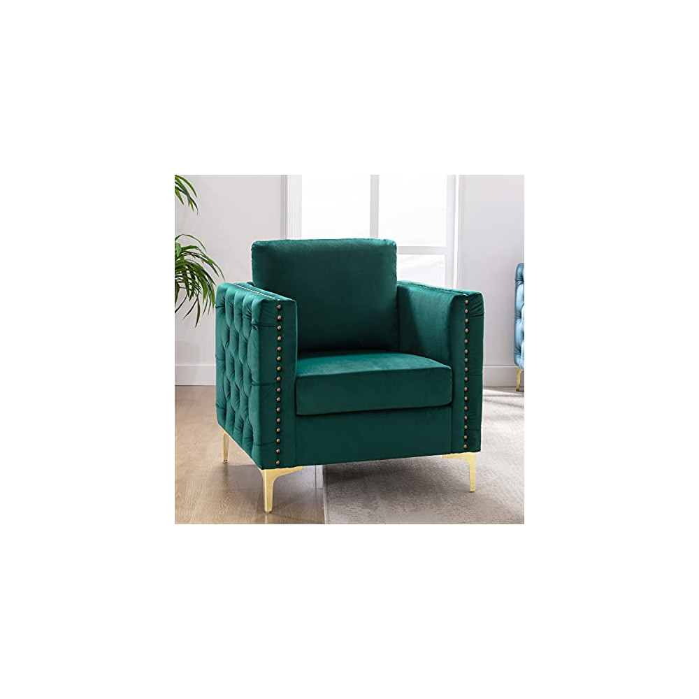 Modern Velvet Armchair, Harper & Bright Designs Tufted Button Accent Chair Club Chair with Steel Legs for Living Room Bedroom