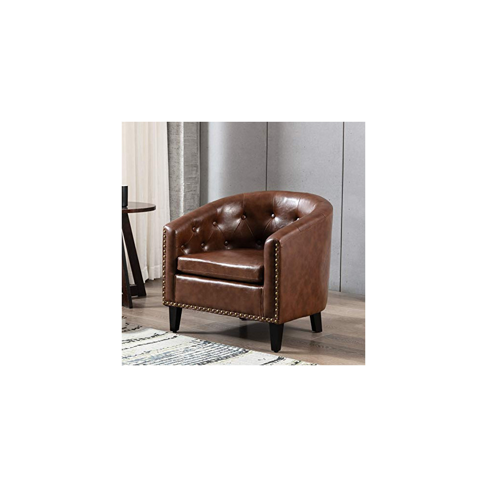 Modern Accent Barrel Chair, Button Tufted Armchair with Nail Head, Tub Rivet Lounge Chair with Wood Legs, Faux PU Leather Clu