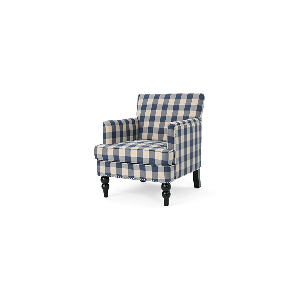 Christopher Knight Home Evete Tufted Fabric Club Chair, Blue Checkerboard, Dark Brown