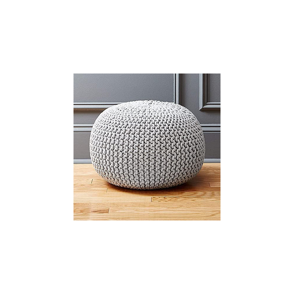 Hand Knitted Cotton Pouf 18" x 18" x 14" Light Grey Ottoman Footrest - Bean Bag, Floor Chair - Great for The Living Room, Bed
