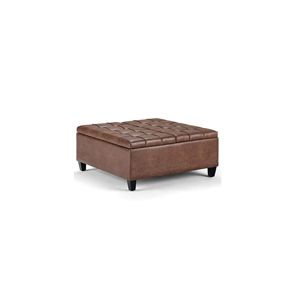 SIMPLIHOME Harrison 36 inch Wide Square Coffee Table Lift Top Storage Ottoman, Cocktail Footrest Stool in Upholstered Distres