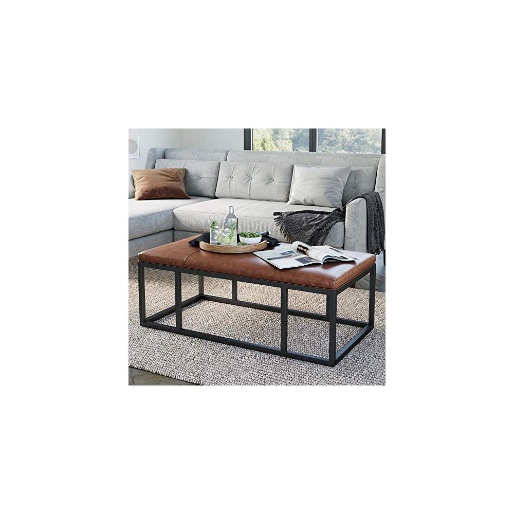 Nathan James Nelson Coffee Table Ottoman, Living Room Entryway Bench with Faux Leather Tuft Iron Frame, Warm Brown/Black