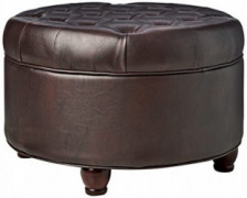 HomePop Large Button Tufted Round Storage Ottoman, Brown Faux Leather