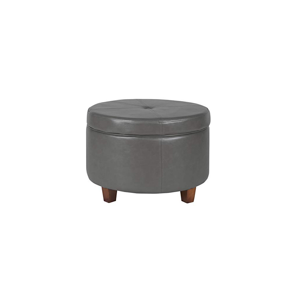 HomePop Round Leatherette Storage Ottoman with Lid, Charcoal Grey