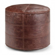 SIMPLIHOME Connor Round Pouf, Footstool, Upholstered in Distressed Brown Leather, for the Living Room, Bedroom and Kids Room,