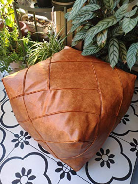 RISEON Boho Handmade Faux PU Leather Moroccan Pouf Footstool Ottoman Leather Poufs Unstuffed 18.9" x 14.96" -Square Floor Cus