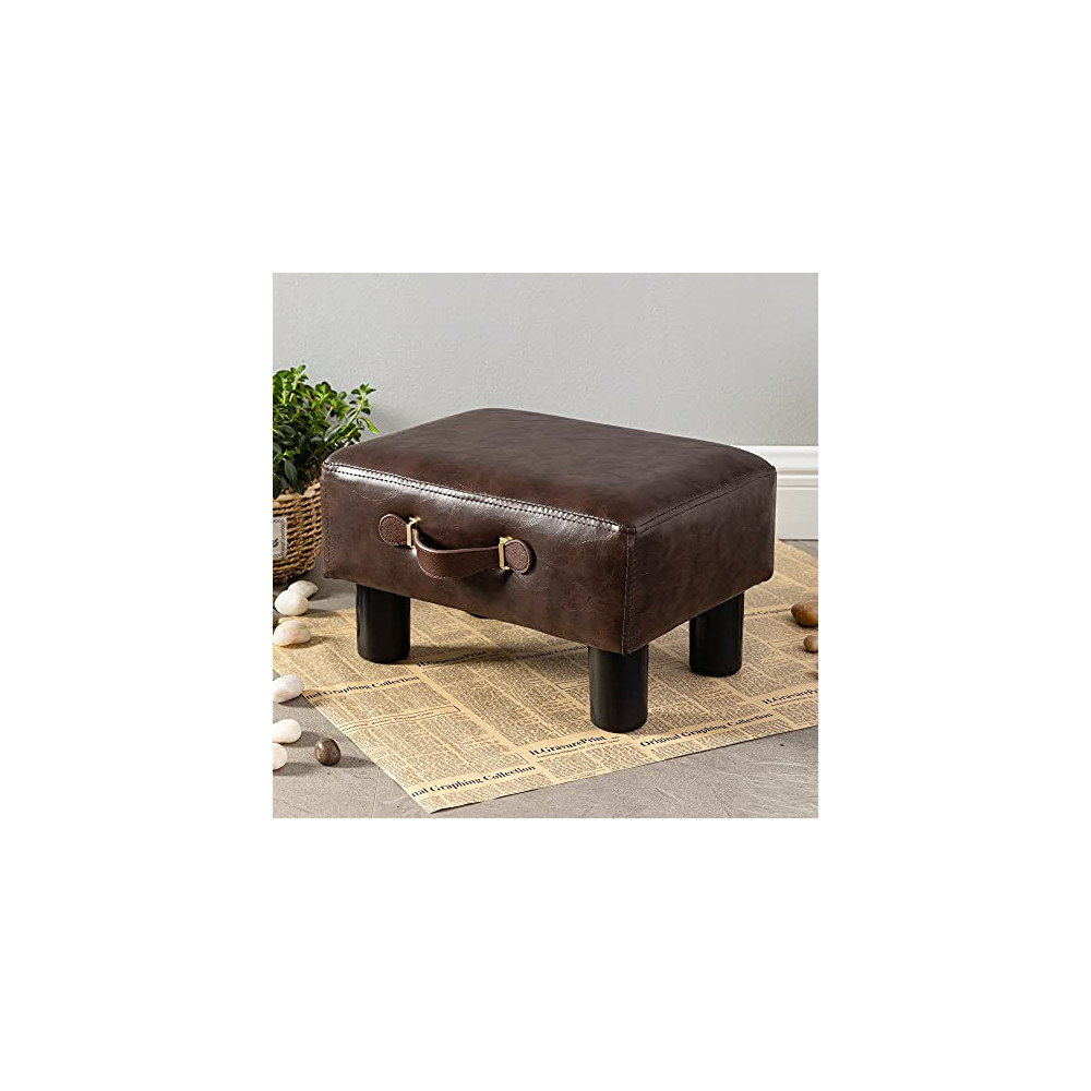 Small Foot Stool with Handle, Brown Faux Leather Short Foot Stool Rest, Rectangle Storage Foot Stools Ottoman with Plastic Le