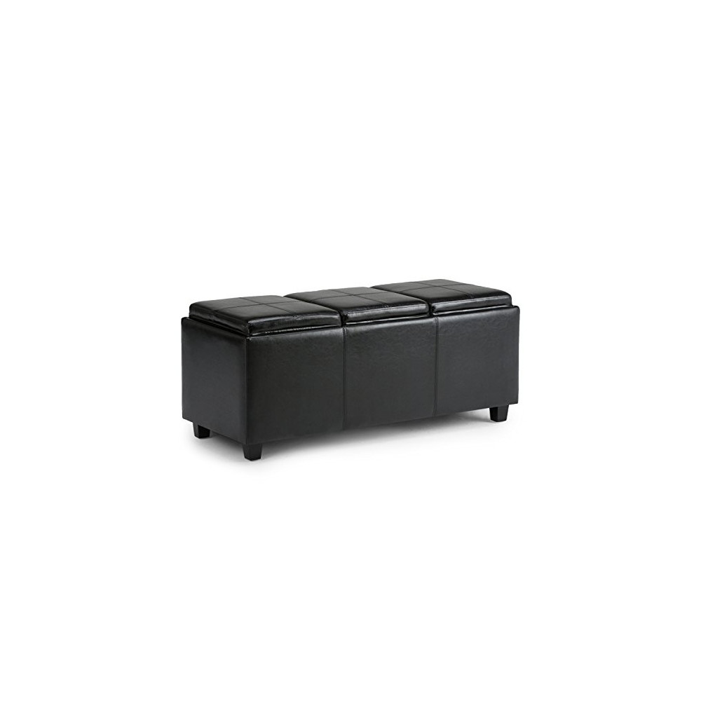 SIMPLIHOME Avalon 42 inch Wide Rectangle Storage Ottoman in Upholstered Midnight Black Faux Leather, Coffee Table for the Liv