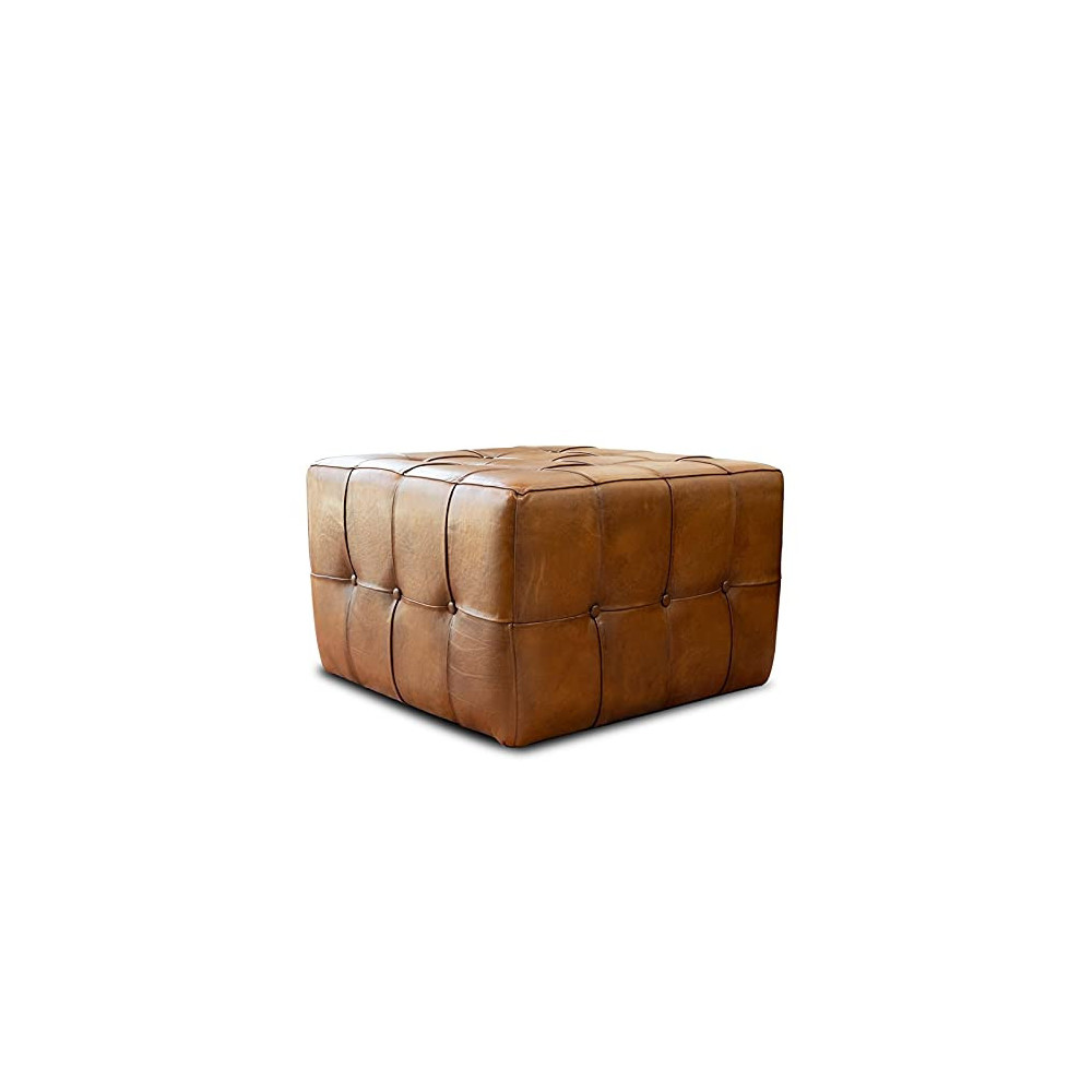 ASHCROFT Bumble Mid-Century Modern 27.5-inch Square Genuine Leather Ottoman in Brown