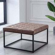 Modern Square Ottoman Footrest Stool - Luxurious Button Tufted Covered Seat w/Sturdy Pewter Metal Base - Easy Assembly Accent