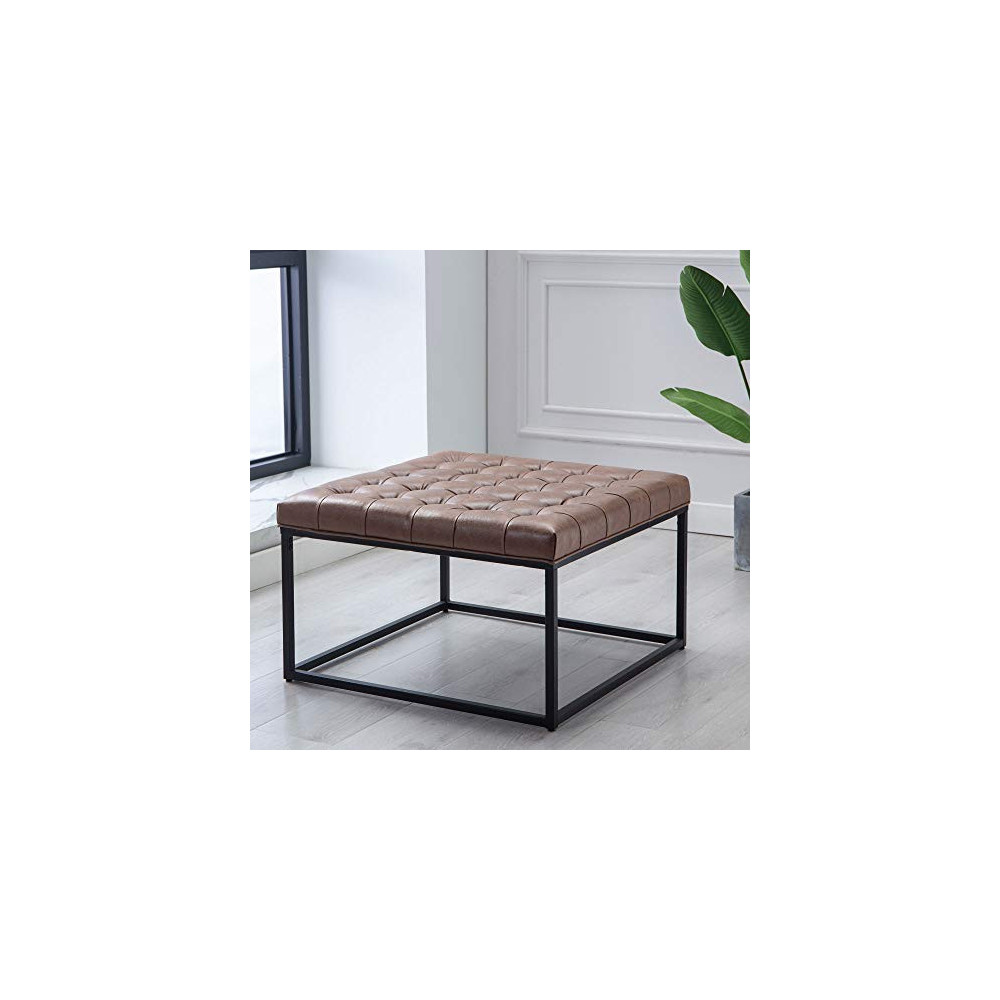 Modern Square Ottoman Footrest Stool - Luxurious Button Tufted Covered Seat w/Sturdy Pewter Metal Base - Easy Assembly Accent