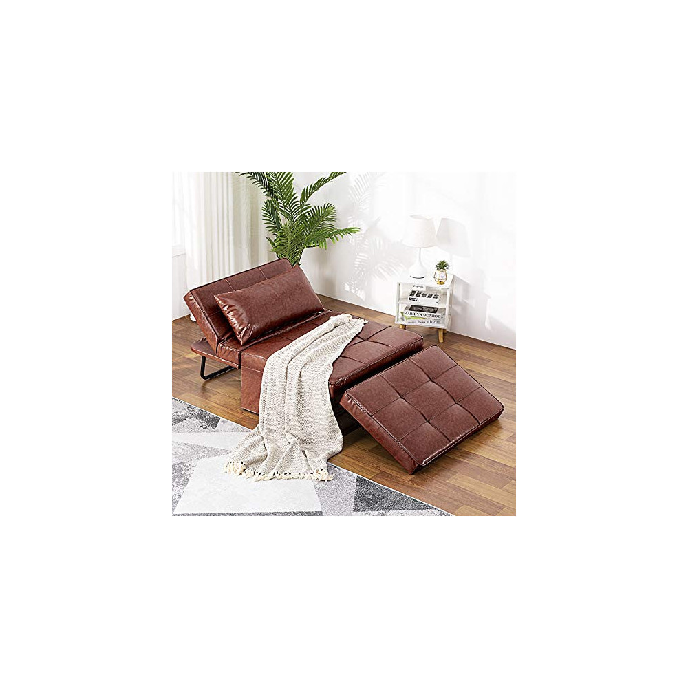 Vonanda Leather Ottoman Sleeper Chair Bed, Small Modern Couch Multi-Position Convertible with Selected Leather Fabrics and Un