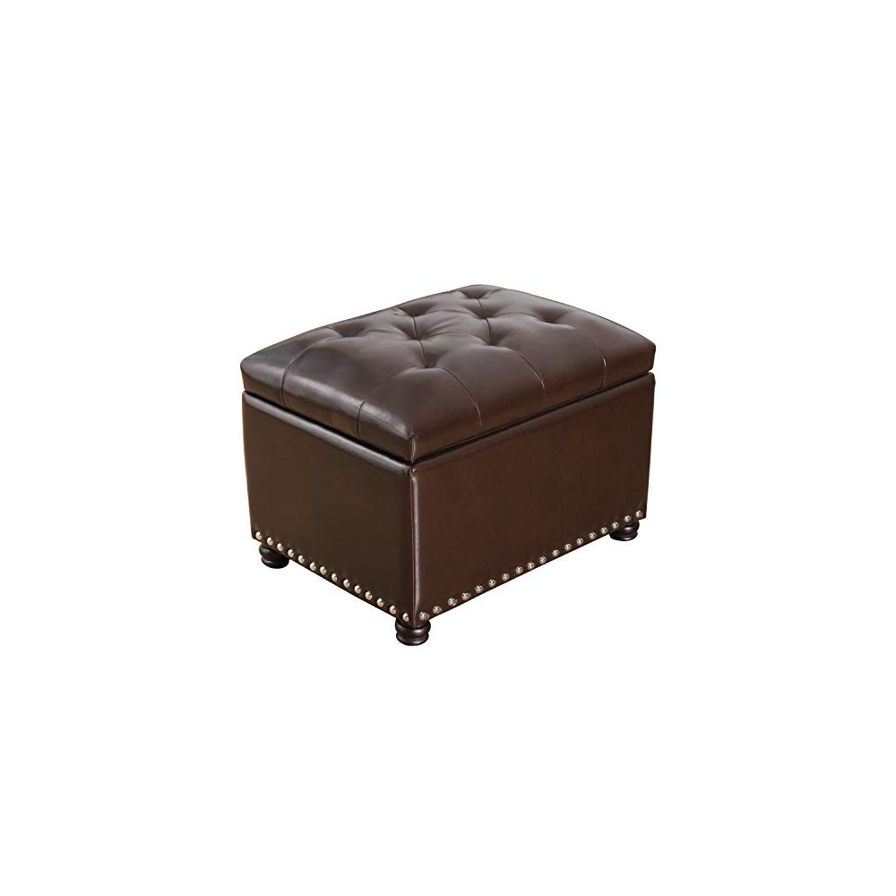 Adeco Bonded Leather Square Tufted Storage Footstool, 18" ottoman, Dark Brown
