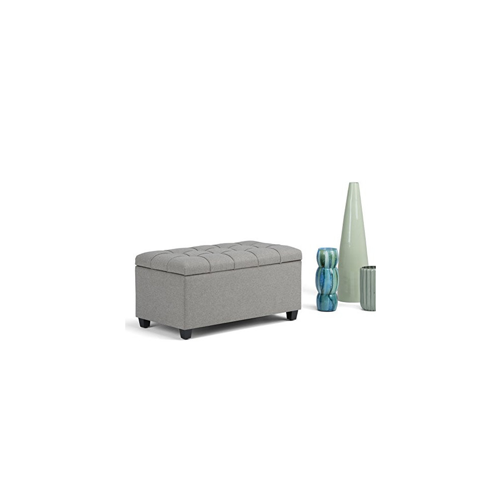 SIMPLIHOME Sienna 34 inch Wide Rectangle Lift Top Storage Ottoman Bench in Dove Grey Tufted Linen Look Fabric, Footrest Stool