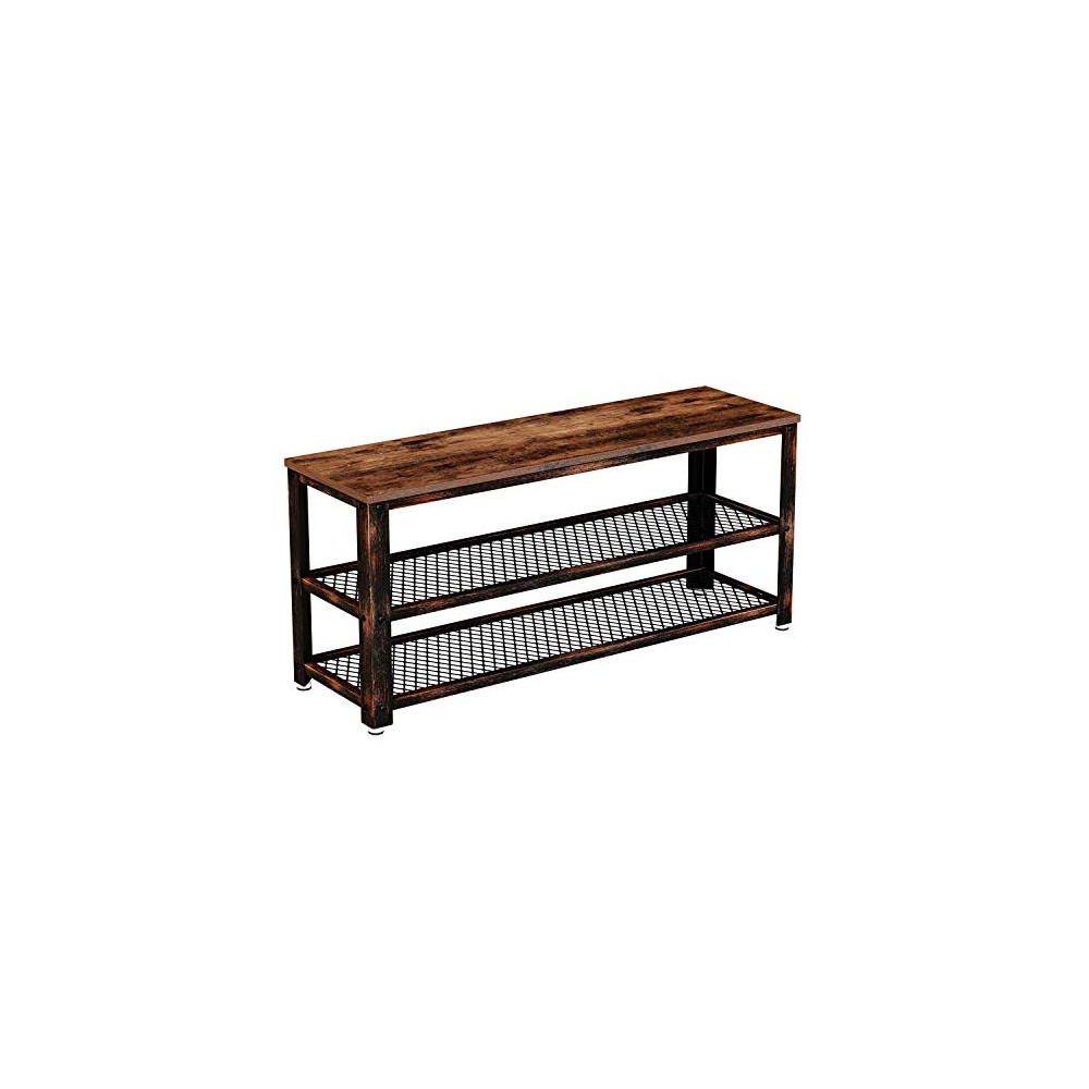 Rolanstar Shoe Bench, 3-Tier Shoe Rack 39.4”, Storage Entry Bench with Mesh Shelves Wood Seat, Rustic Foyer Bench for Hallway