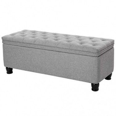 SONGMICS Storage Ottoman Bench, Linen Fabric Footstool with Foam Padded Seat, Solid Wood Legs, 46.5", Light Gray