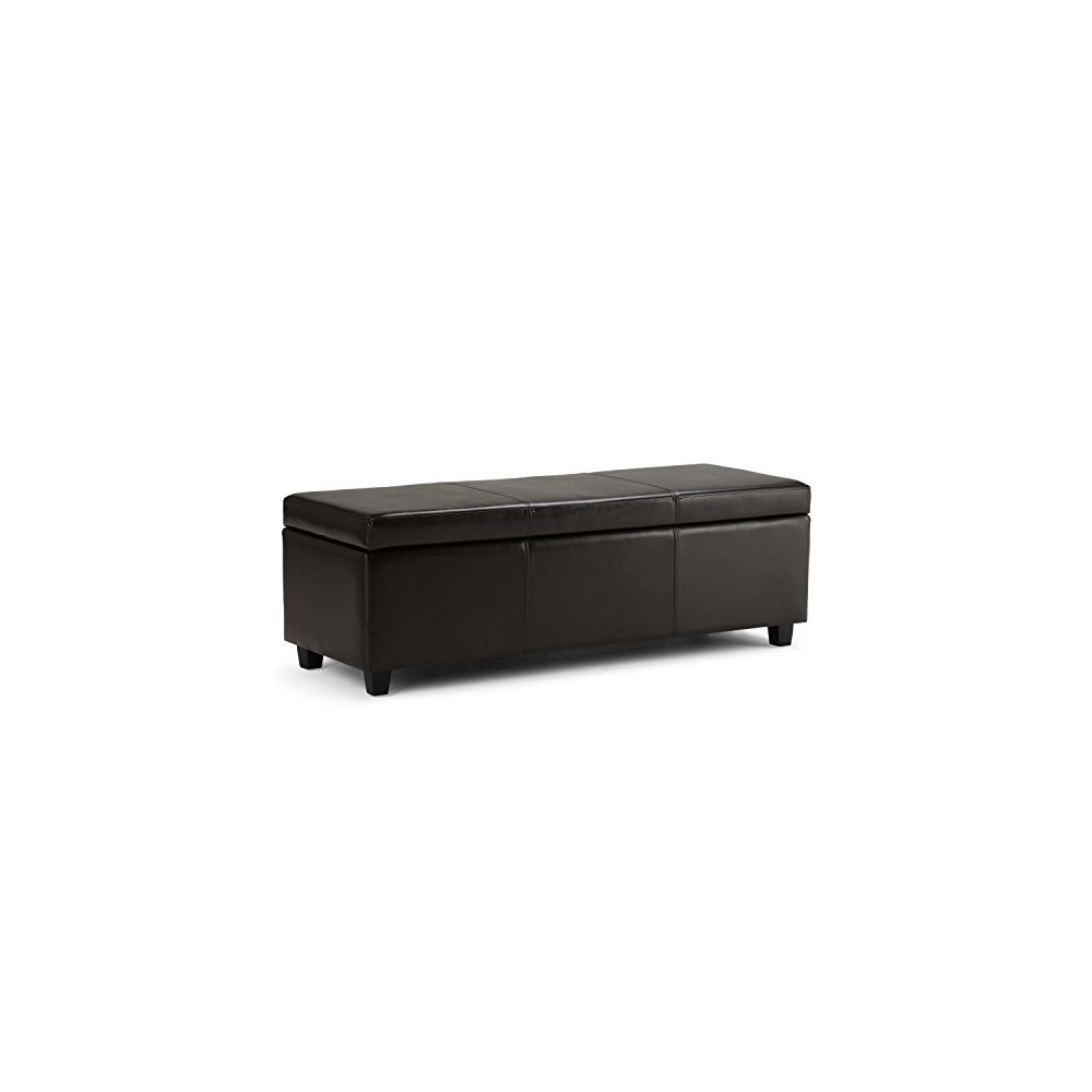 SIMPLIHOME Avalon 48 inch Wide Rectangle Lift Top Storage Ottoman Bench in Upholstered Tanners Brown Faux Leather with Large 