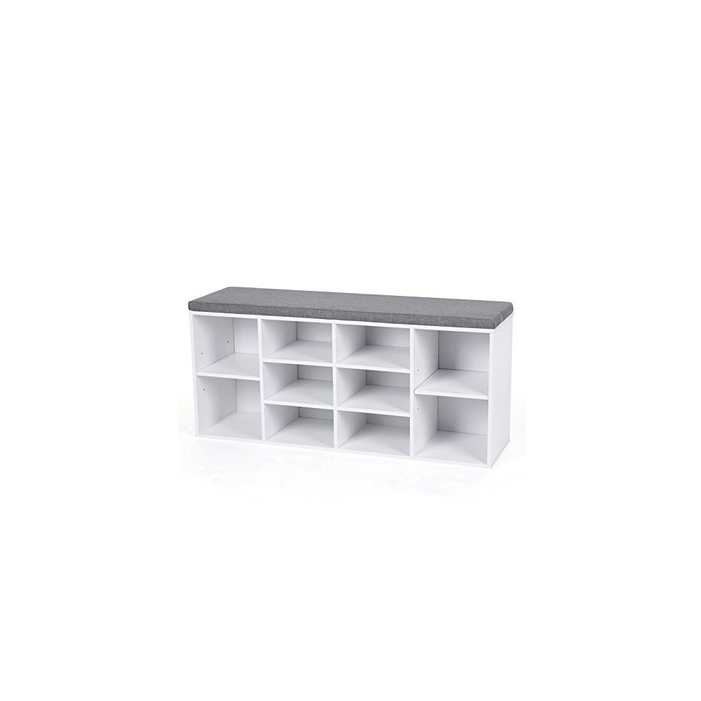 VASAGLE Cubbie Shoe Cabinet Storage Bench with Cushion, Adjustable Shelves, Holds up to 440lb, White ULHS10WT