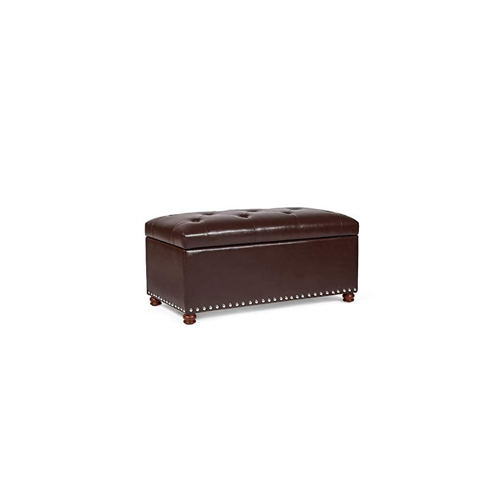 Deco De Ville Rectangle Lift Top Storage Ottoman Bench, Faux Leather Tufted Bedroom Bench with Nailhead Trim, Solid Wood Legs